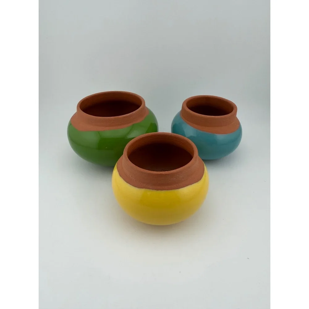 Set of 3 Bauer Pottery Small Round‎ Bowls Planters Vases Green Yellow Teal